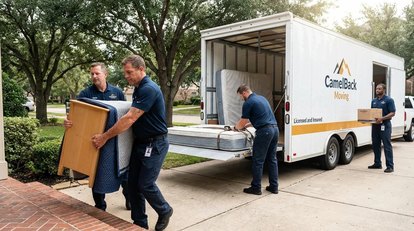 Crew loading residential truck for cross-state move from North Highlands, CA