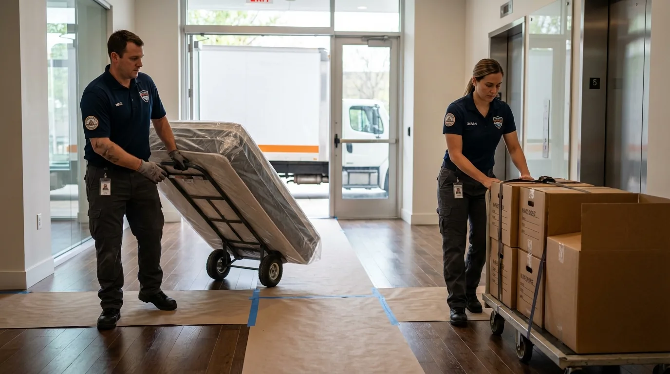 Professional apartment movers loading elevator in North Highlands, CA